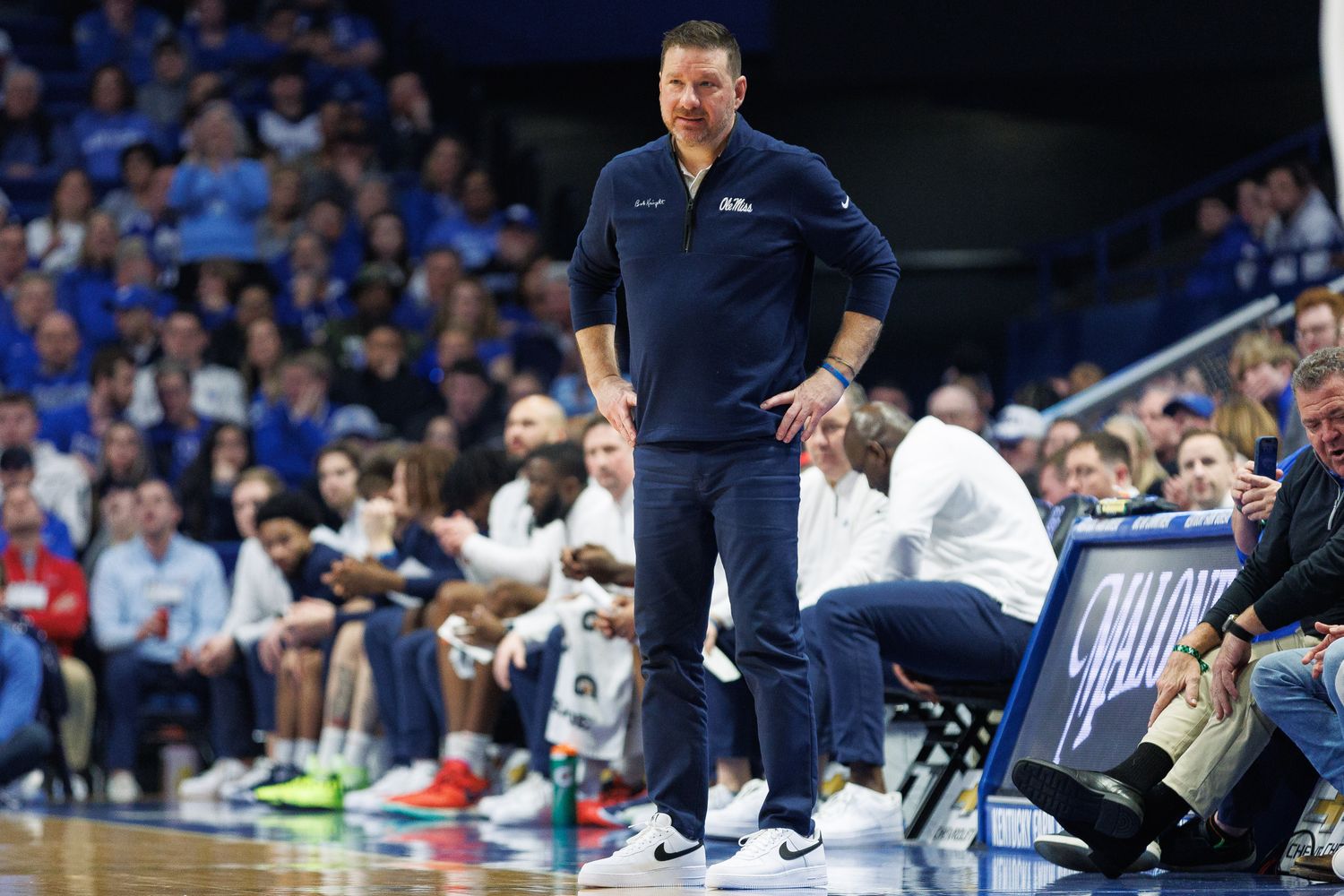 Feb 13, 2024; Lexington, Kentucky, USA; Ole Miss Rebels head coach Chris Beard watches the action during the first half against the Kentucky Wildcats at Rupp Arena at Central Bank Center. Mandatory Credit: Jordan Prather-USA TODAY Sports